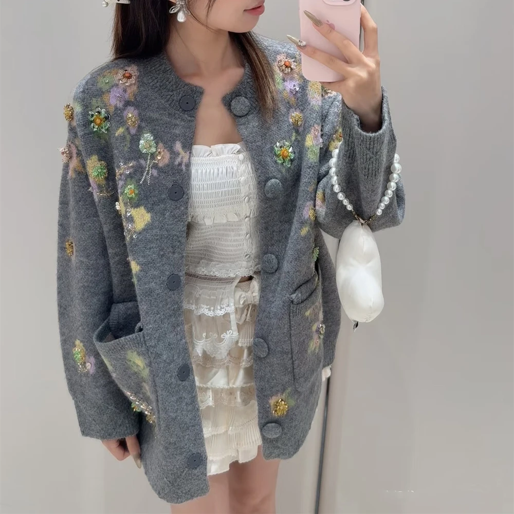 

Высококачественная осенне-зимняя вязаная длинная све круглая верхняя одежда Ne с цветочным декором из бисера Свободная женская одежда ape...