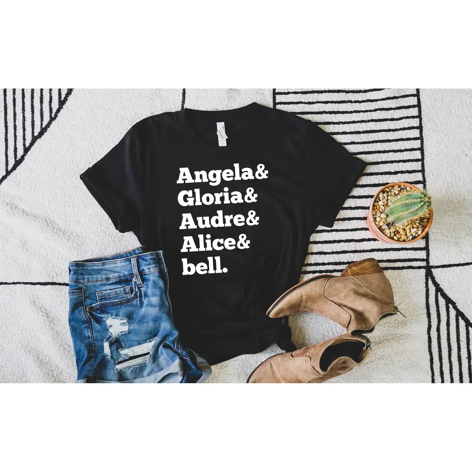 Feminist Pioneers Name List Angela Gloria Audre Alice bell Girl Power Women's Casual  T Shirt vintage Washed homme Soft