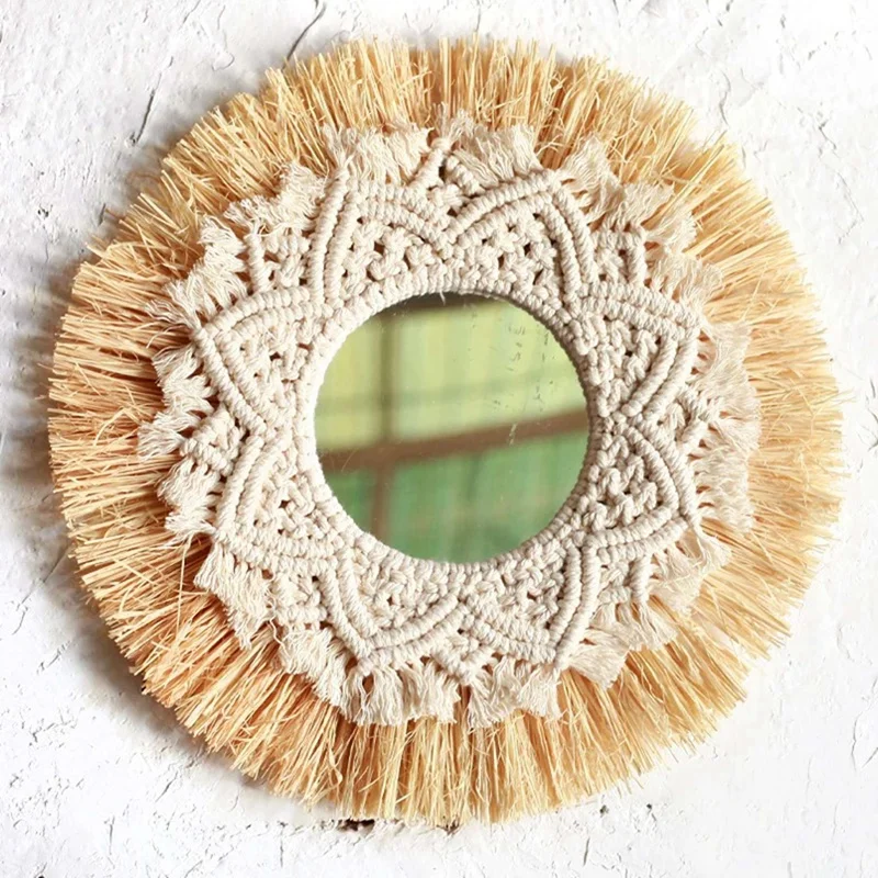 2X Nordic Straw Woven Hotel Bed And Breakfast Wall Boho Decor Handwoven Mirror Wall Decoration Macrame Decorative Mirror