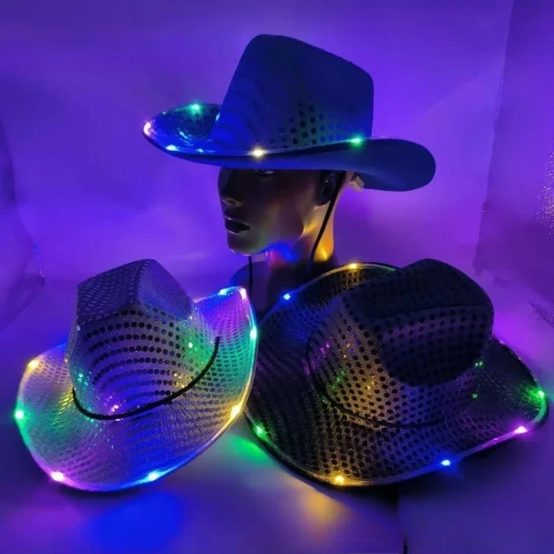 1pcs Cowboy Hat Led Sequin Glow Party Cap Flashing Light Up Dance For Birthday Wedding Festival Halloween view 2
