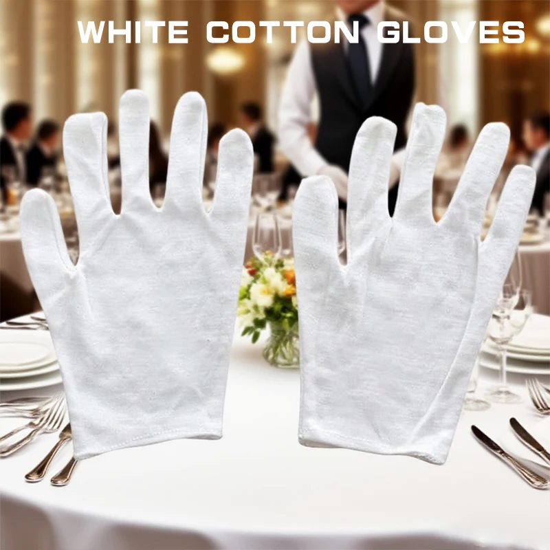 1 Pair White Cotton Full Finger Gloves for Men Women Etiquette Waiter Driver Jewelry Work Sweat Absorption