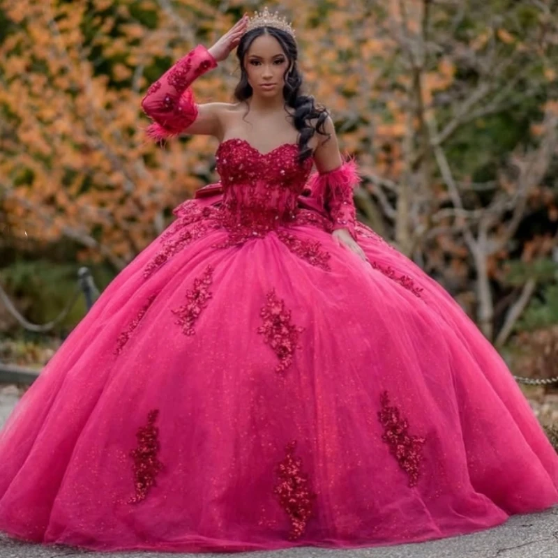 

Элегантные милые платья Quinceanera цвета фуксии со съемными рукавами, кружевные аппликации, корсет из бисера, платье Sweet 16, 2025