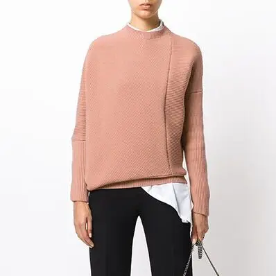 

Design Sensation Pure Color Irregular Sweater Leather Pink Sweet Sle round Ne Long Sve Regular Thin Knitted Top