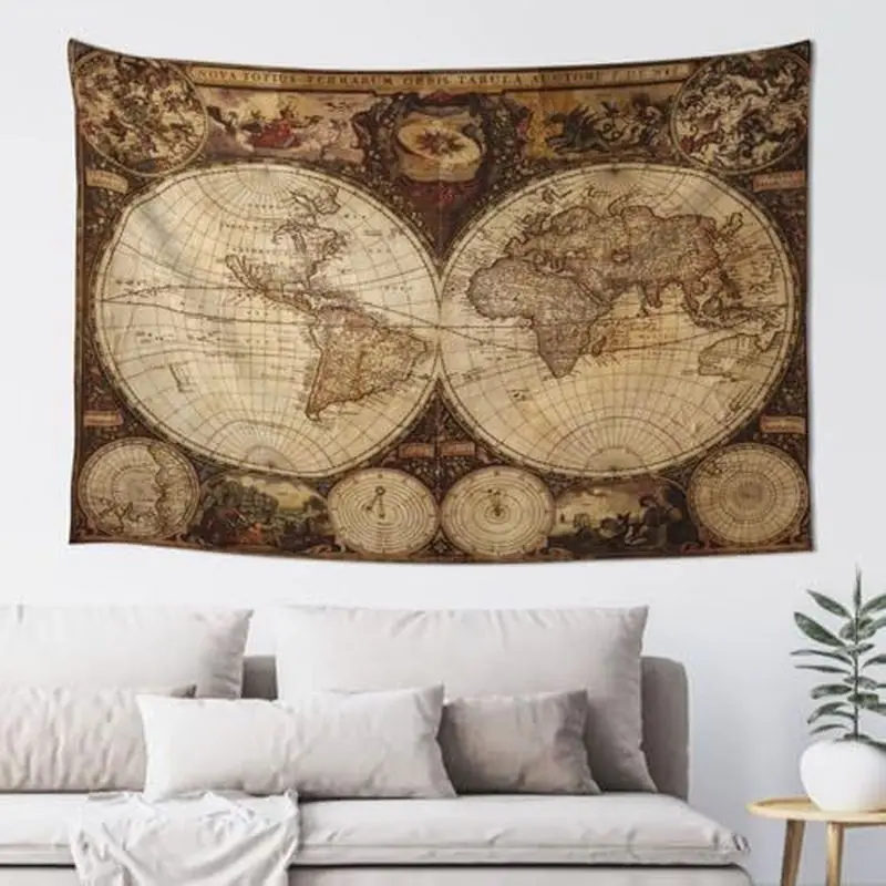 VIKAMA Polyester Vintage Antique World Map Tapestry, Retro Travel Wall Hanging, Living Room Study Bedroom Decor, Gift