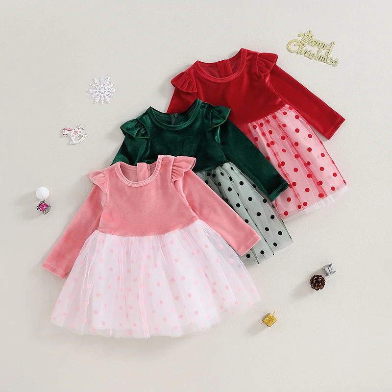 Suefunskry Baby Girls Autumn Winter A-line Dresses Long Sleeve O-Neck Dot Print Tulle Patchwork Dress for Christmas 3-24Months