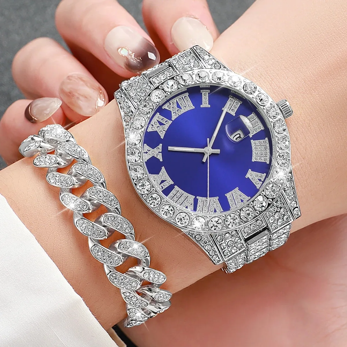 2PCS/Set Ladies' Steel Strip Fashion Casual Full Diamond Roman Blue Dial Quartz Watch And Full Diamond Bracelet（Without Box）