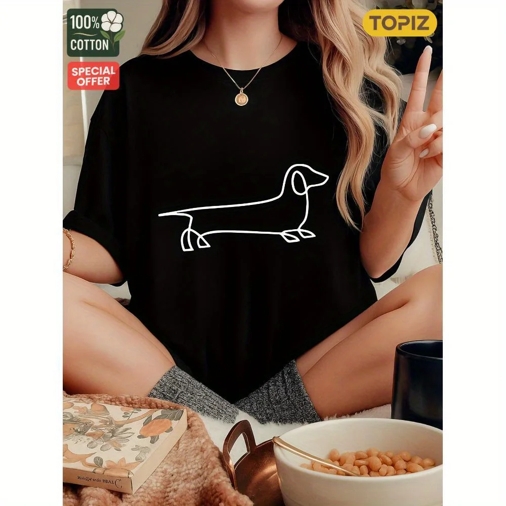 Dames T-shirt, casual top met ronde hals en korte mouwen, grafisch T-shirt, witte teckeloverzicht op zwart, 100% katoen, overhemd