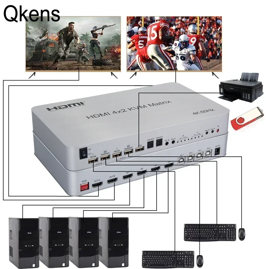 

4K 60 Гц 4x2 HDMI KVM Матричный видеопереключатель Разветвитель 5 USB Поддержка клавиатуры Управление мышью Ноутбук / USB U Диск Флэш-накопитель Принтер