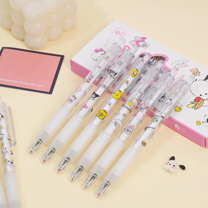 6Pcs Kawaii Sanrio Hello Kitty Kuromi Pochacco Pressing Gel Pens Set Quick Drying Black Pen Student Stationery School Supplies