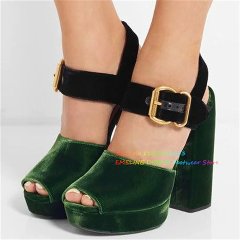 Grenn Velvet High Heeled Sandals for Women Open Toe Chunky Heel Buckle Strap Platform Elegant Solid Color Party Dress Shoes
