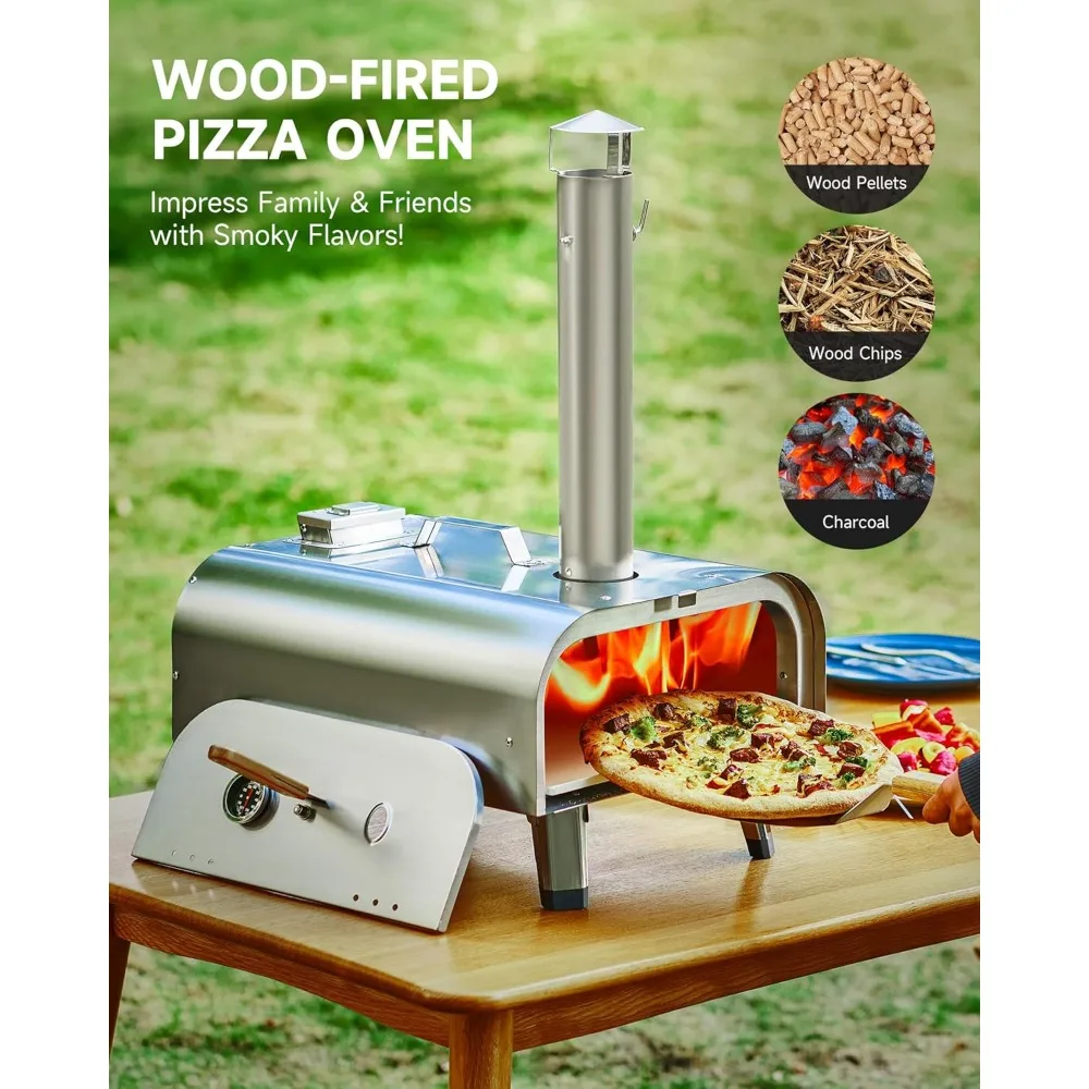 12Inch Portable Pizza Stove,Camping Pizza Oven Wood Fired,Outdoor Wood Pellet Pizzeria Oven with Thermometer,Outside Pizza Maker