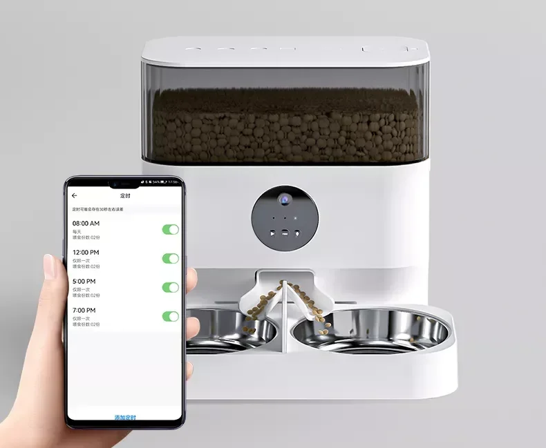 Double Bowls Two-way Splitter smart Automatic dry Food Dispenser 5L Large Capacity Stainless Steel Bowl