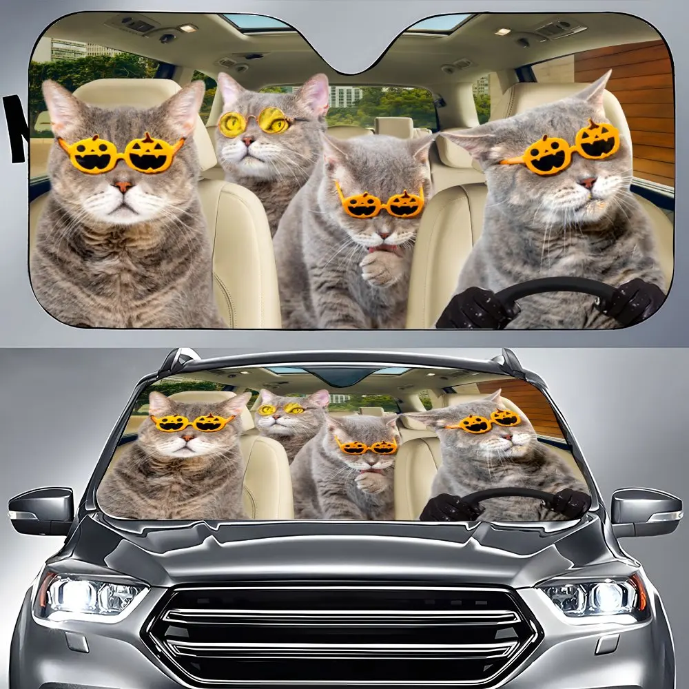 British Shorthair Cat Driving with Glasses Car Front Windshield Sun Shade,Persian Cat Sunshade for SUV- Blocks Uv Rays Protector