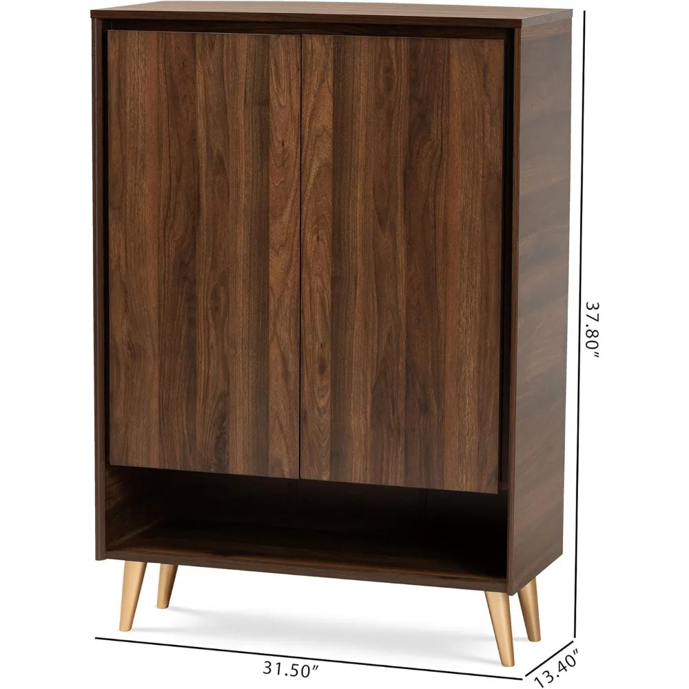 خزانة تخزين الأحذية ببابين من خشب الجوز الحديث والبني والذهبي من منتصف القرن من Baxton Studio للمدخل