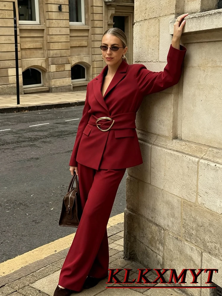 Women Fashion Red Sets Leisure Long Sleeve Laple Suit Jackets With Belt+Wide Leg Long Pants Women Loose Autumn Sets 2026 New