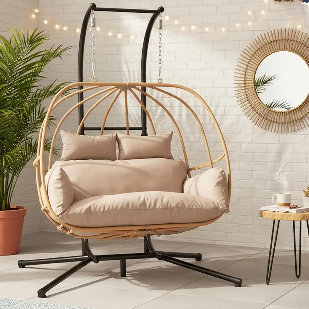 

Sturdy 600Lbs Outdoor Double Egg Chair with Stand, Ideal for Balcony, Patio, Deck, Brown