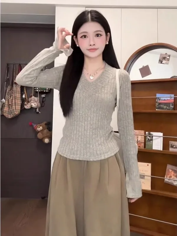 

plus Size Women's V-Ne Long Sve Knitwear Slim Fit Base Layer Oats Color Korean Sle Commute Faion Inner Wear Top