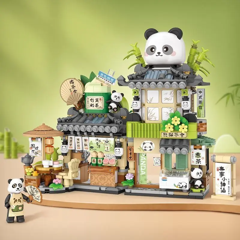 

Panda Tea Shop Mini Street View Mini Building Blocks Restaurant Shop Store Model Bricks DIY Panda Children Educational Xmas Gift