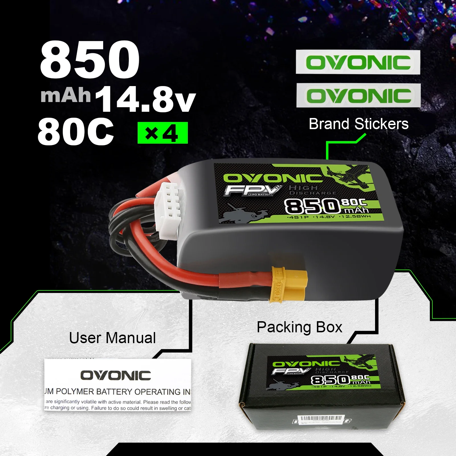 Omvonic-Lipoバッテリー80c, 14.8v, 850mah, 4s,fpv xt30プラグ用,サイズ150mm〜210mm,fpvのような噴出v2, 4個