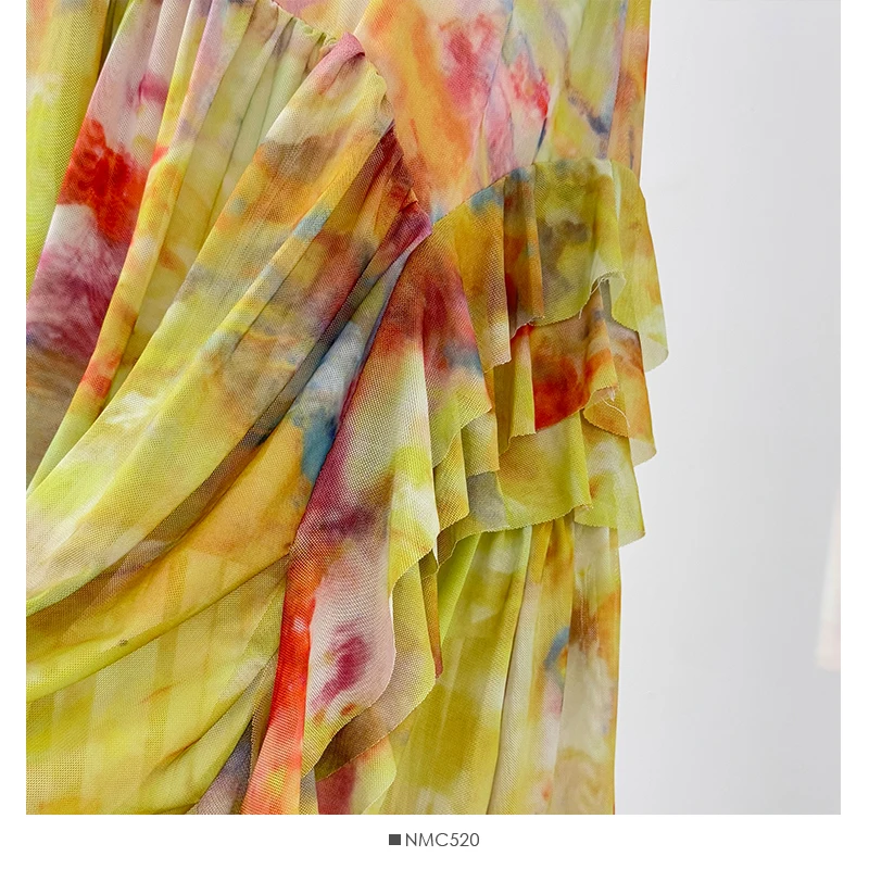 French Style Ombre Oil Painting Cami Dress Women Summer Beach Vacation Style High-Waist A-Line Pleated Bodycon Skirt Dress