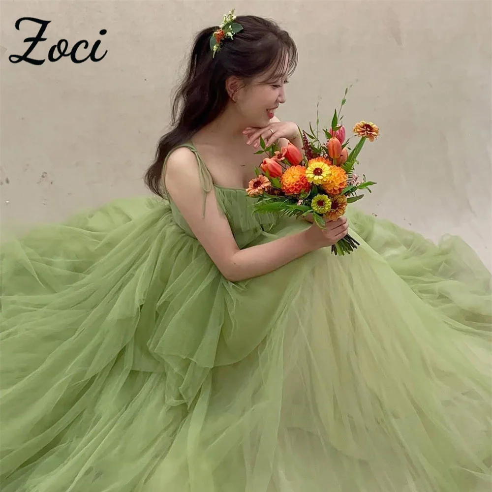 

Zoci Sage Green Korea Evening Dresses Draped Ruffles Tulle A Line Wedding Party Dress Customized Spaghetti Straps Bride Dresses