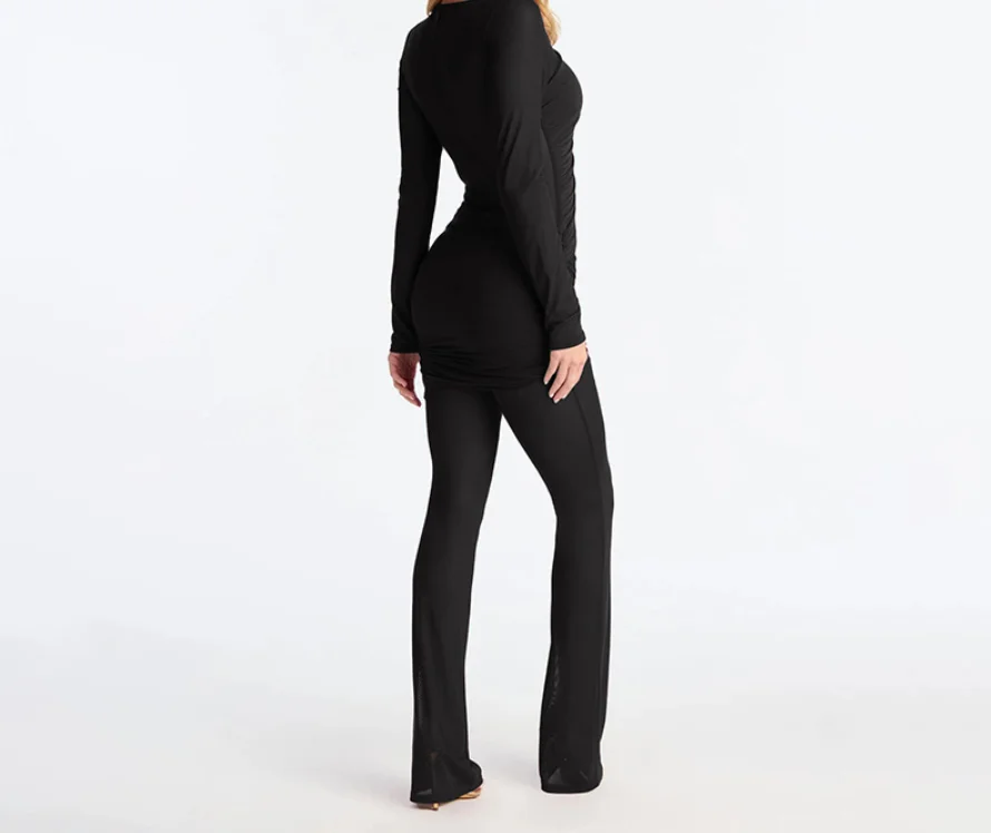 

Autumn New Solid Color Sexy See Through Jumpsuit Round Neck Mesh Splicing Pleated Hip Design Bell Bottom Pants Women's Jumpsuit