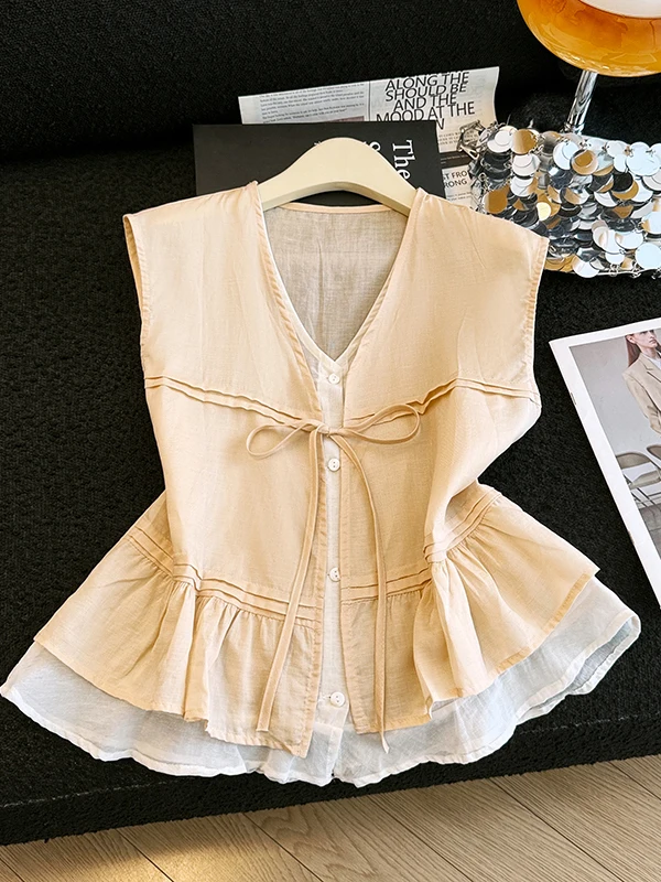 

Korean Style Wood Grain Splicing Pleated V-neck Fake Two-piece Women's Summer Gentle Bow-knot Sleeveless Shirt