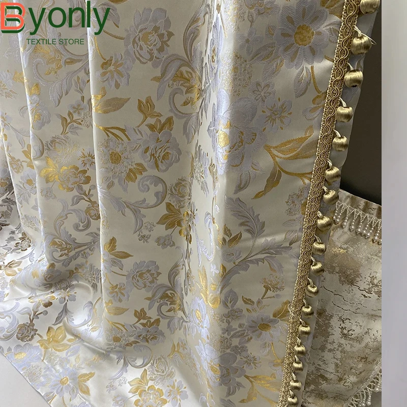 New Chinese Style Gold Filigree Plant Jacquard Lace Thickened Blackout Curtains for Living Room Bedroom French Window Villa