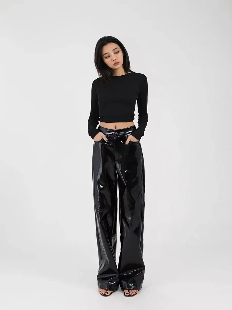 Women Shiny Patent Leather Wide Leg Pants High Waist Faux Latex Loose Straight Pants Gothic Ladies PVC Trousers Pocket Streetwea