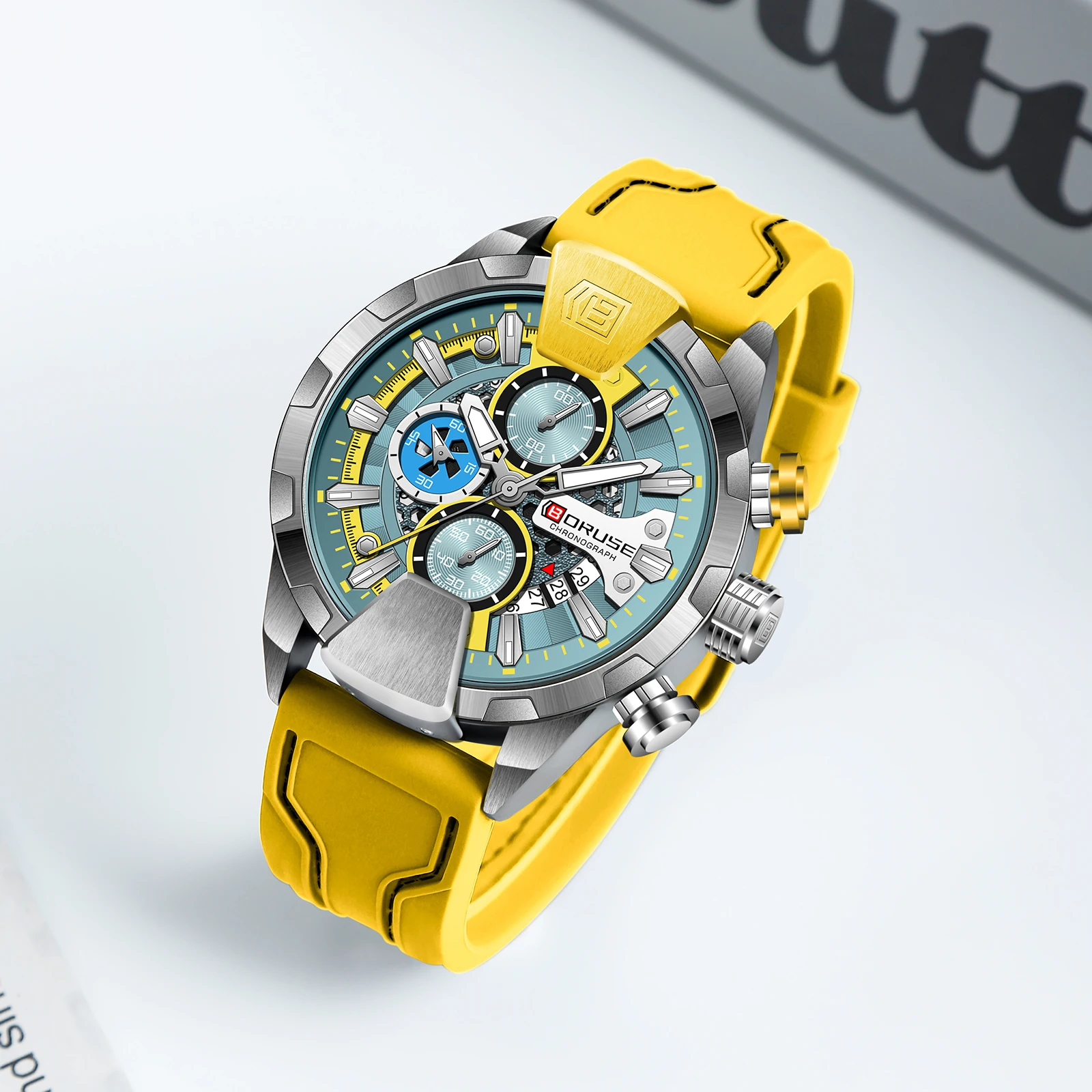 BORUSE Yellow Watches for Men Business Chronograph  Silicone Waterproof Quartz Wristwatch Reloj Hombre