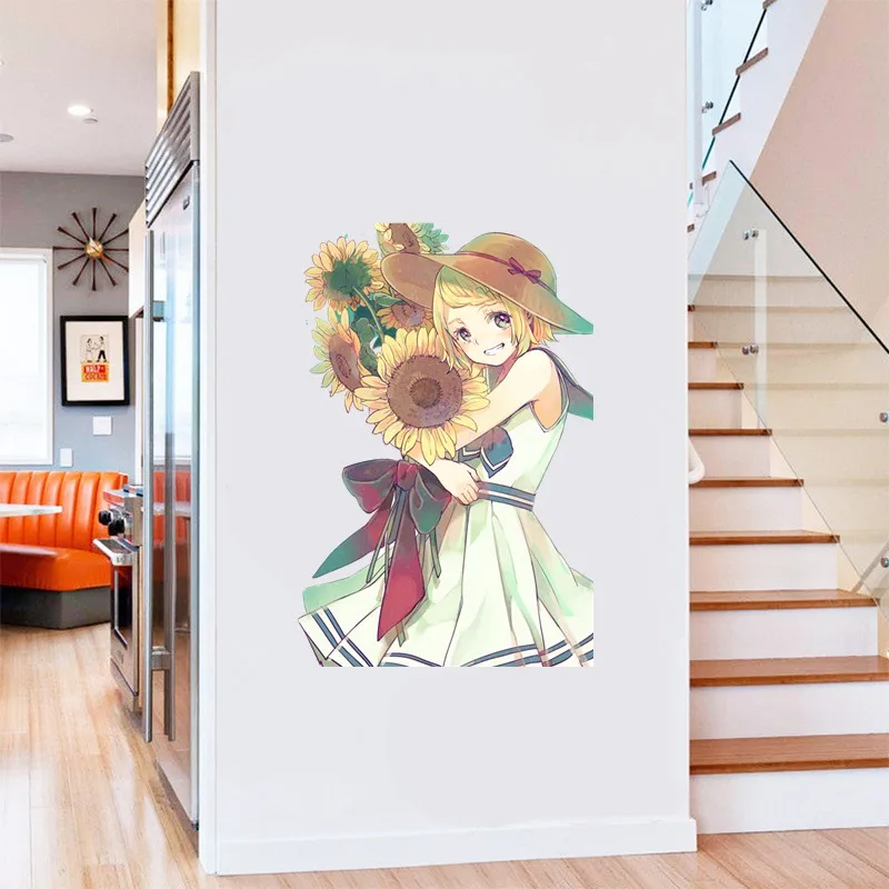 Wcs974 Sunflower Little Girl Wall Sticker Waterproof Decal Pvc Home Decoration Kids Room Door Toile Child Girl Wallpaper