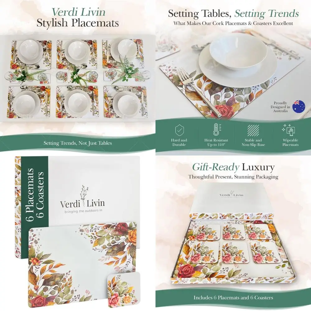 

Set of 6 Heat-Resistant Cork Coasters, 16x12, Wipe Clean Autumn Design for Dining