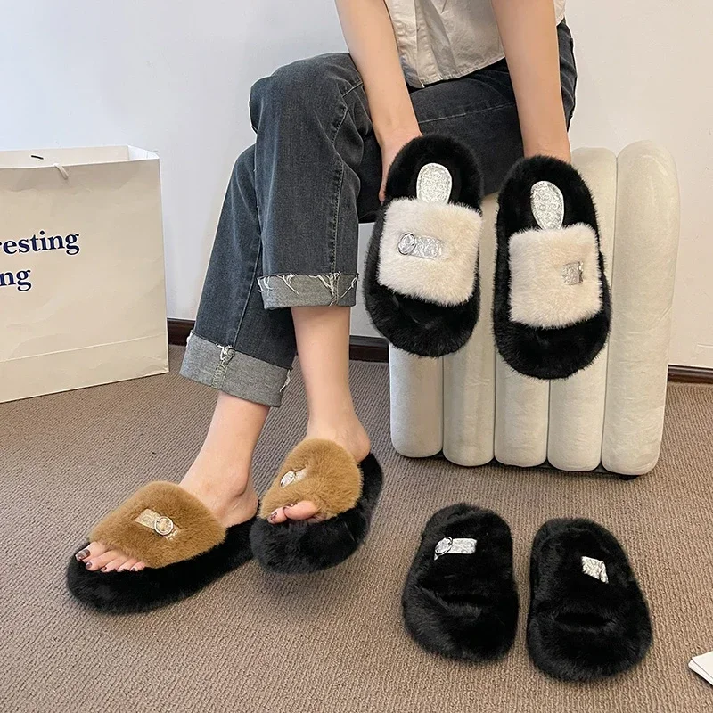 Thick Fluffy Fur Slippers 2024 New Women Winter House Warm Furry Slippers Women Flip Flops Home Slides Flat Indoor Floor Shoes