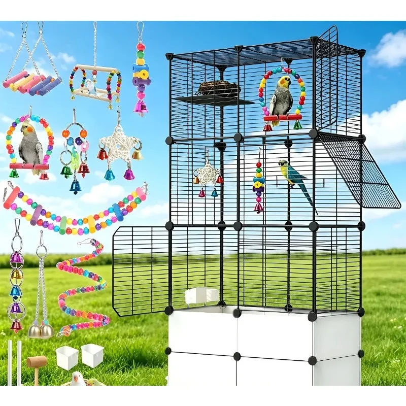 Bird Cage 2-layer Splash-proof Board Parrot with Pulley Bird  Large Aviary Metal