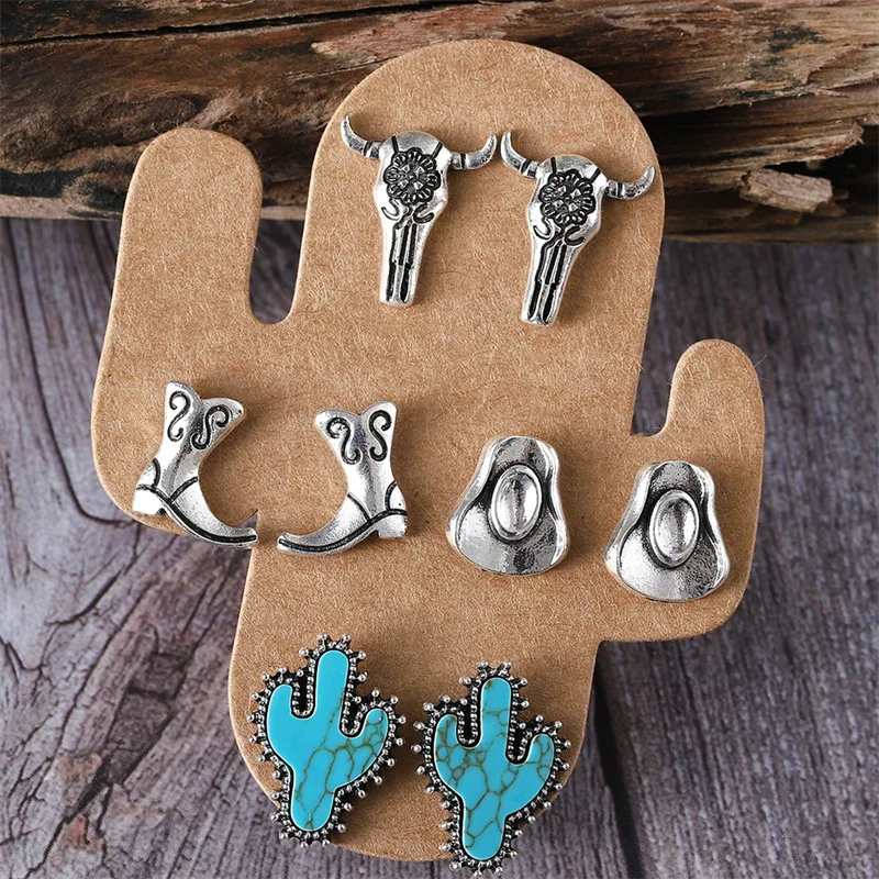 DIY accessories European and American personality trends trendy cool wind cow head boots hat studs, turquoise cactus four-piece