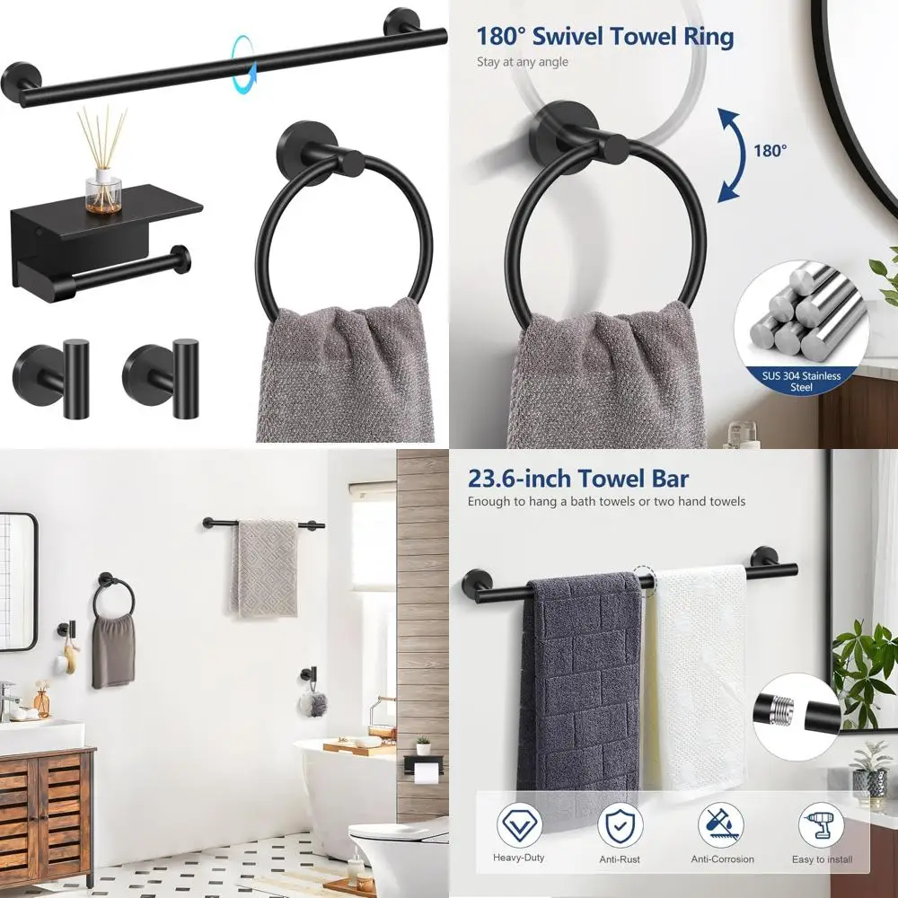 

Modern Matte Black 5-Piece Bathroom Accessory Set with Stainless Steel Toilet Paper Holder and Shelf