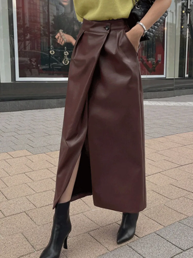 

Женская сексуальная однотонная юбка из искусственной кожи с высокой талией и одной пуговицей с боковым разрезом