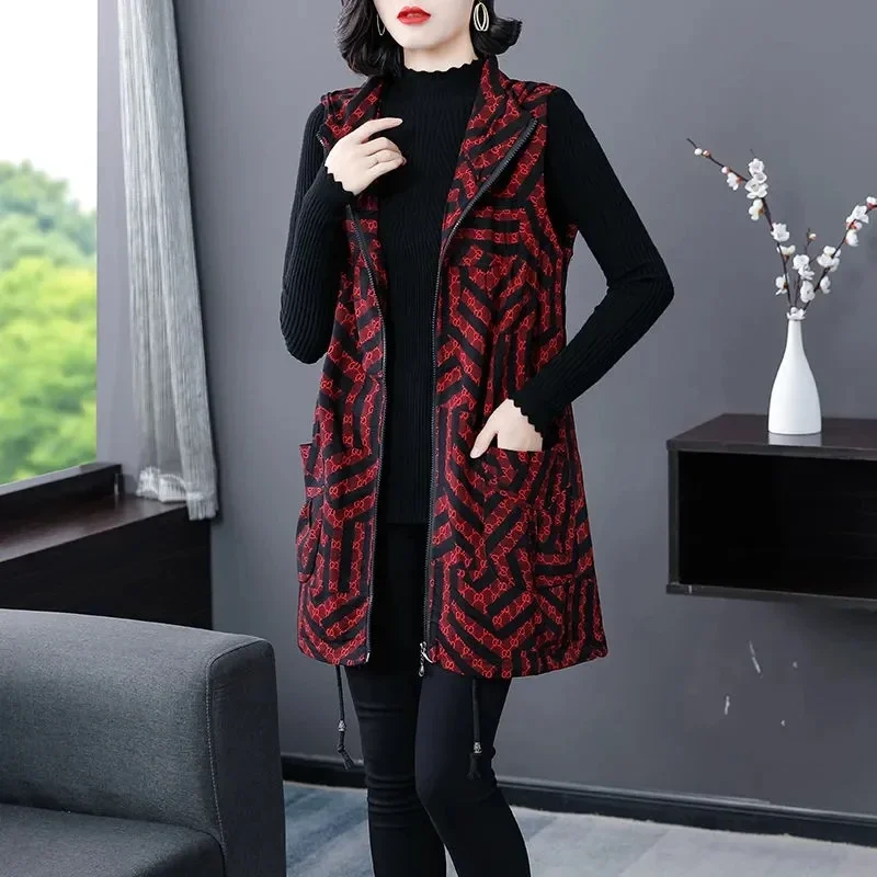 

Hooded Vest Jacket Women Spring Autumn Ladies Loose Long Waistcoat Casual Outerwear Sleeveless Zipper Printing Gilet V347