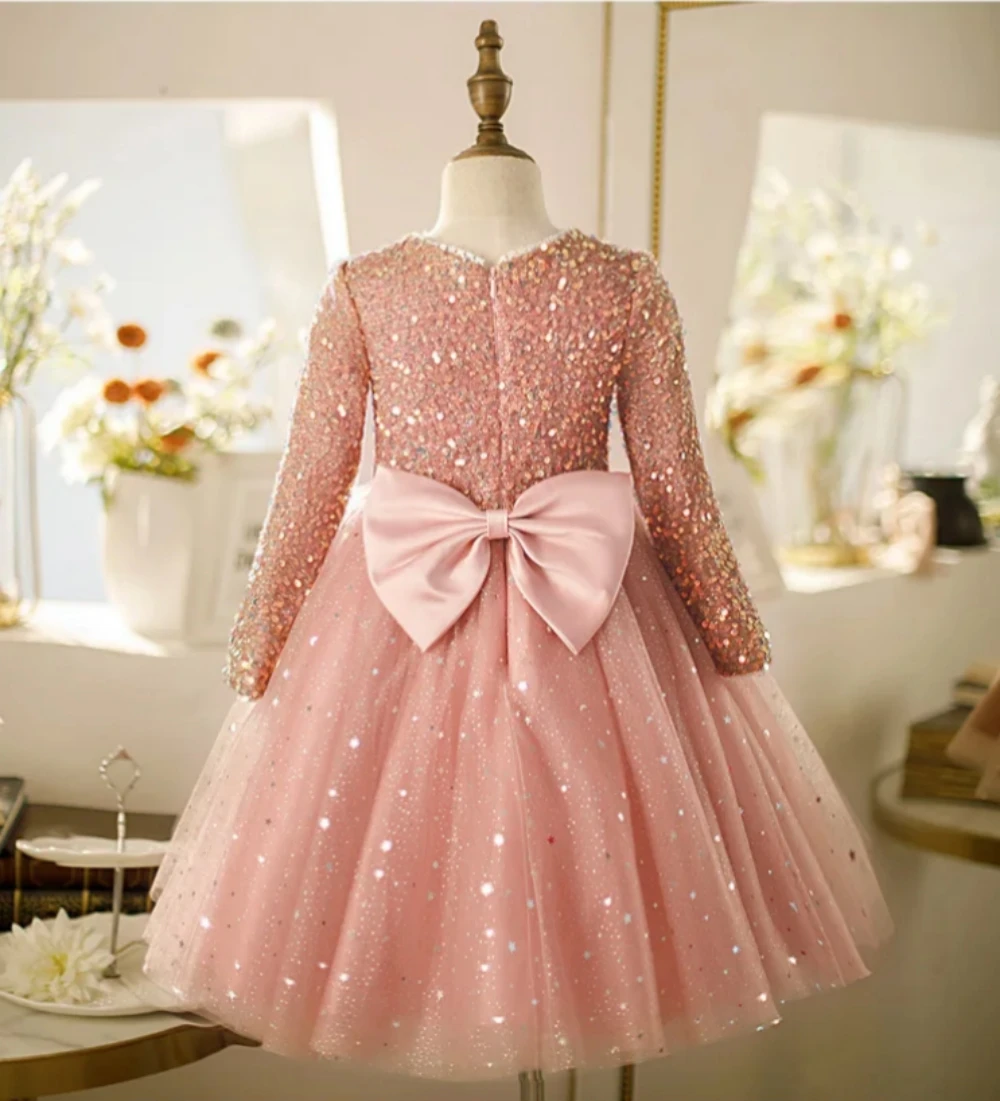 2024 Luxury Pink Sequined Dress for Young Girls Baby Flower Girls Tulle Dresses for Weddings Children Birthday Formal Partywears