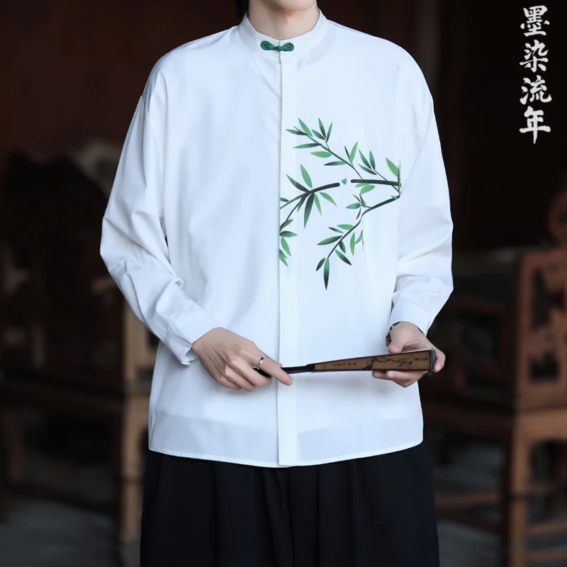 

2025 Elegant Summer Long Sleeve Chinese Wedding Shirt Breathable Traditional Leaf Printing Design Modern Groom's Ceremony Attire