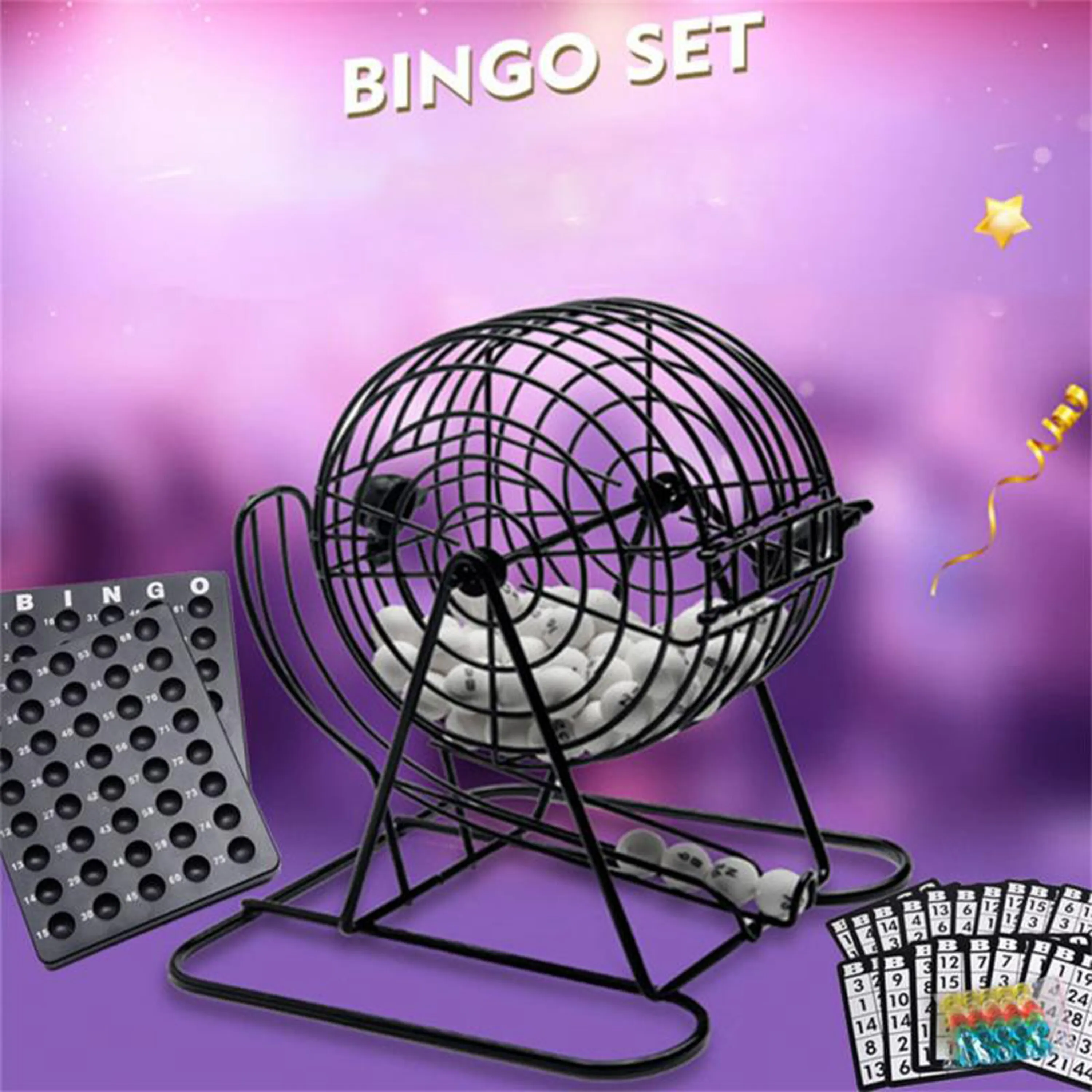 Deluxe Bingo Set - Includes Bingo Cage, Main Board, 18 Mixed Cards, 75 Calling Balls, Color Chips - For Large Groups, Parties