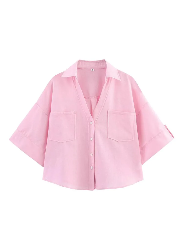 2025 frauen Sommer Shirts Blusen Tops Fashion Solid Leinen V-ausschnitt Kurzarm Weibliche Elegante Straße Lose Top Kleidung