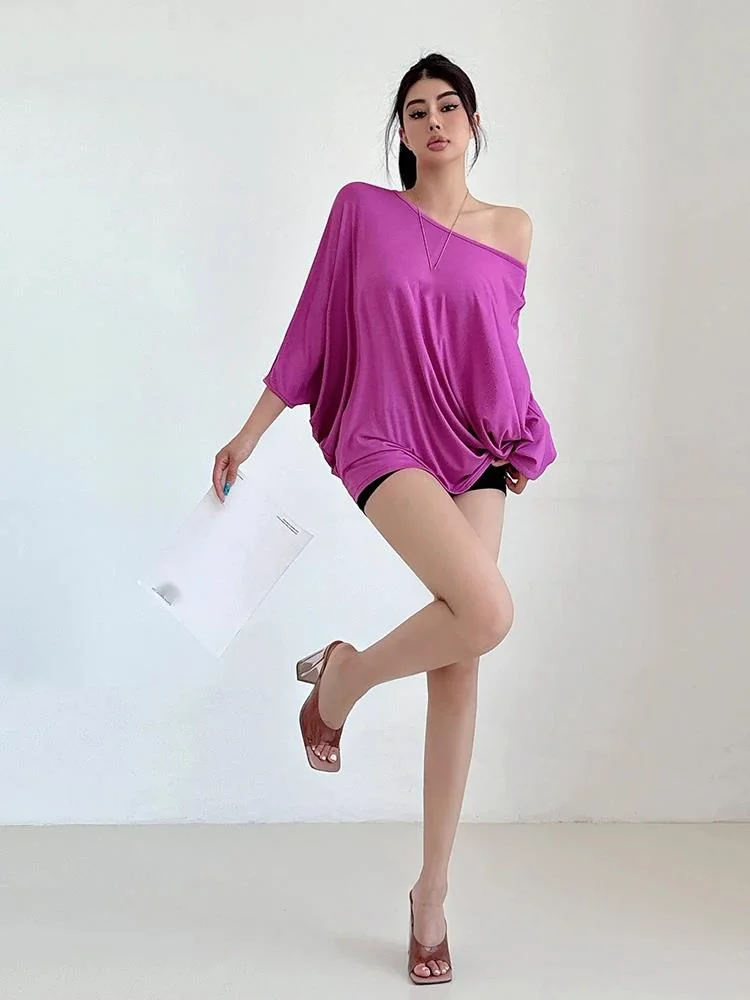 Pure Desire Big Round Neck Bat Sleeve T-shirt Women Summer Thin Shirt Loose Top Dress Elegant Loose Casual T Shirt Dress XRT7