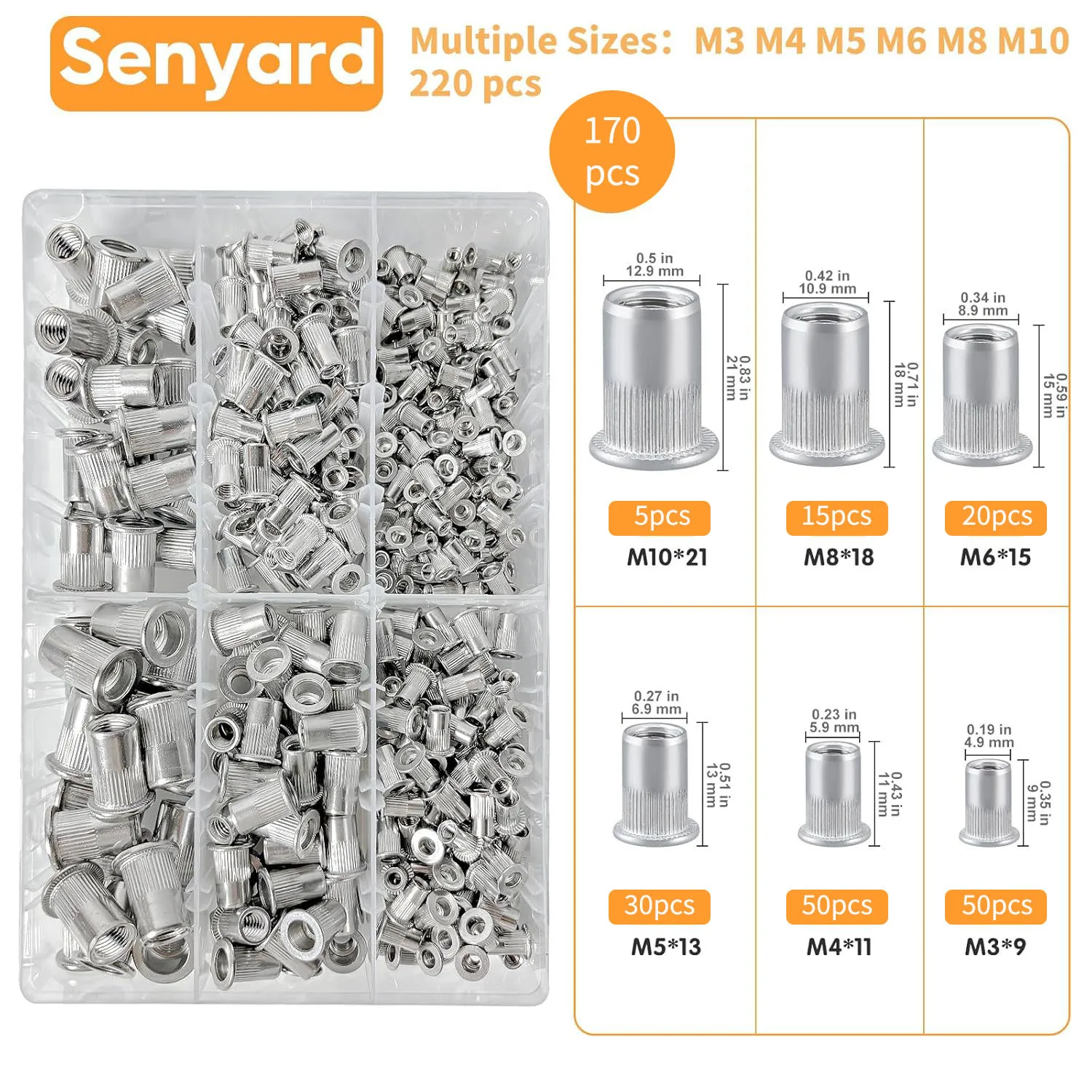 170Pcs 304 Stainless Steel Blind Rivet Nuts Assortment Kit, Flat Head Vertical Knurl Rivnuts