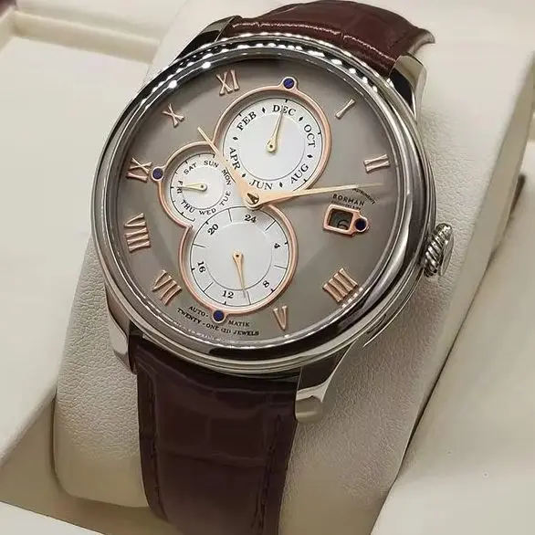 BORMAN Men Automatic Watch 41mm Mechanical Wristwatch Waterproof Sapphire Mirror Multi-Dial Week Date 24 Hour