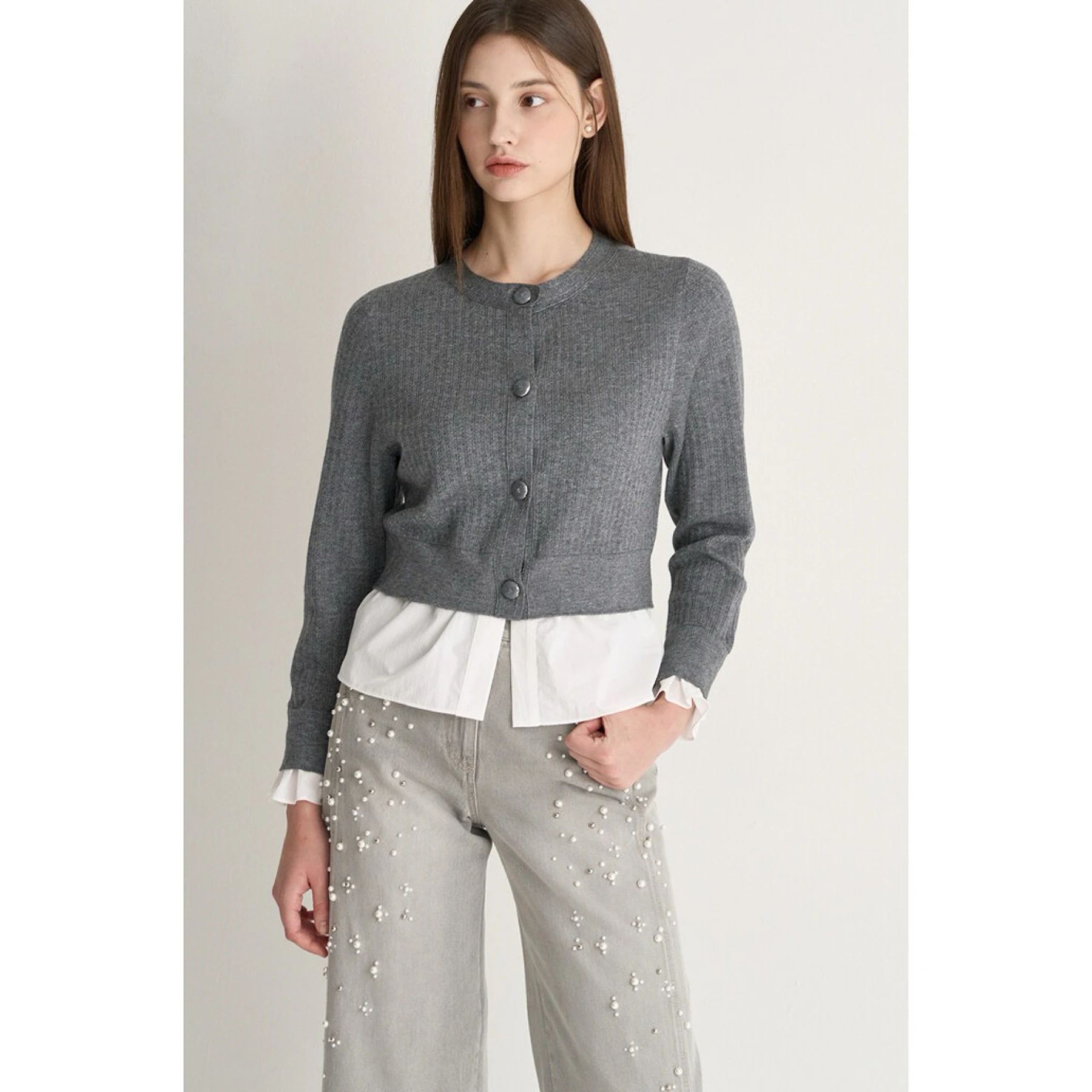 

Lemon Cheese MI N25 Autumn Knitted Splice Cotton irt round Ne Striped Base Fake Two-Piece Top Women's Open Cardigan