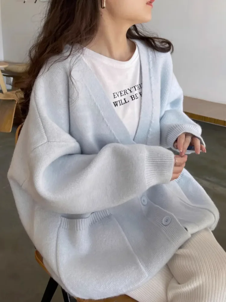 

Pink Cardigan Sweater Oversized Cardigan Korean Fashion White Knitted Sweater Women Elegance Casual Long Sleeve Top Streetwear