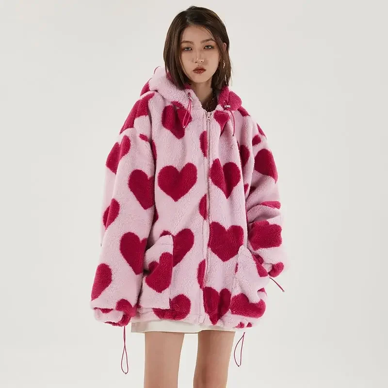 Winter High Street Harajuku Love Printed Rabbit Fur giacca imbottita uomo e donna giacca in cotone con cappuccio per studenti in stile Hong Kong