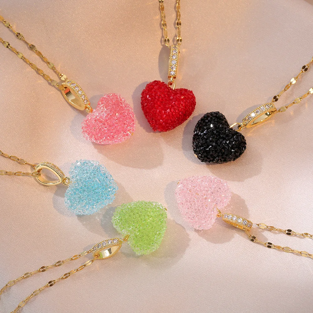 Gorgeous Candy Color Heart Pendant Necklace Women Engagement Wedding Bridal Necklaces Brilliant CZ Girls Statement Jewelry