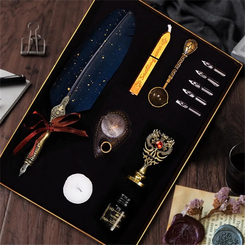 Luxury Fountain Quill Pen Set Vintage Sprinkling Gold Feather Pen Ink Bottle Calligraphy Writing Dip Pen Birthday Gift Box